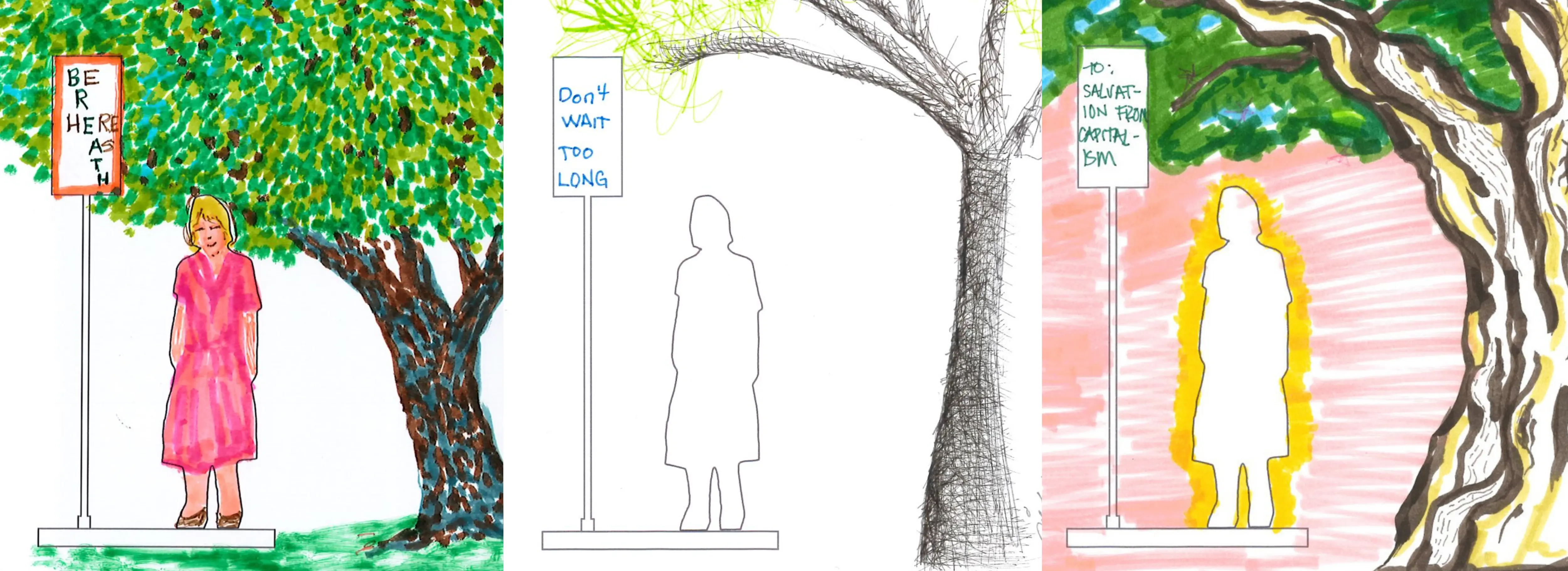 Three illustrations of a person standing at a bus stop