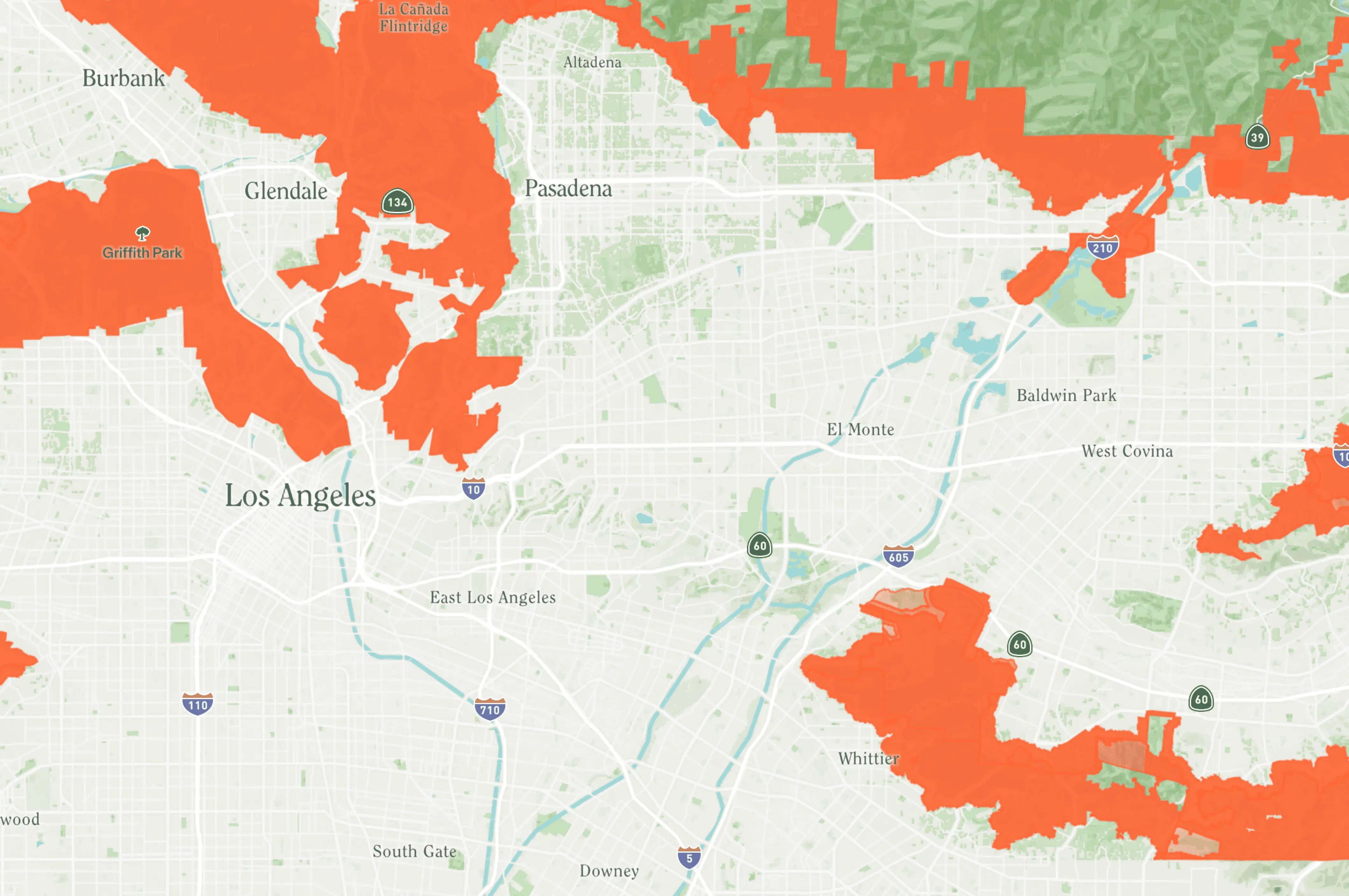 Orange clusters represent high fire risk regions on a map of L.A. County.