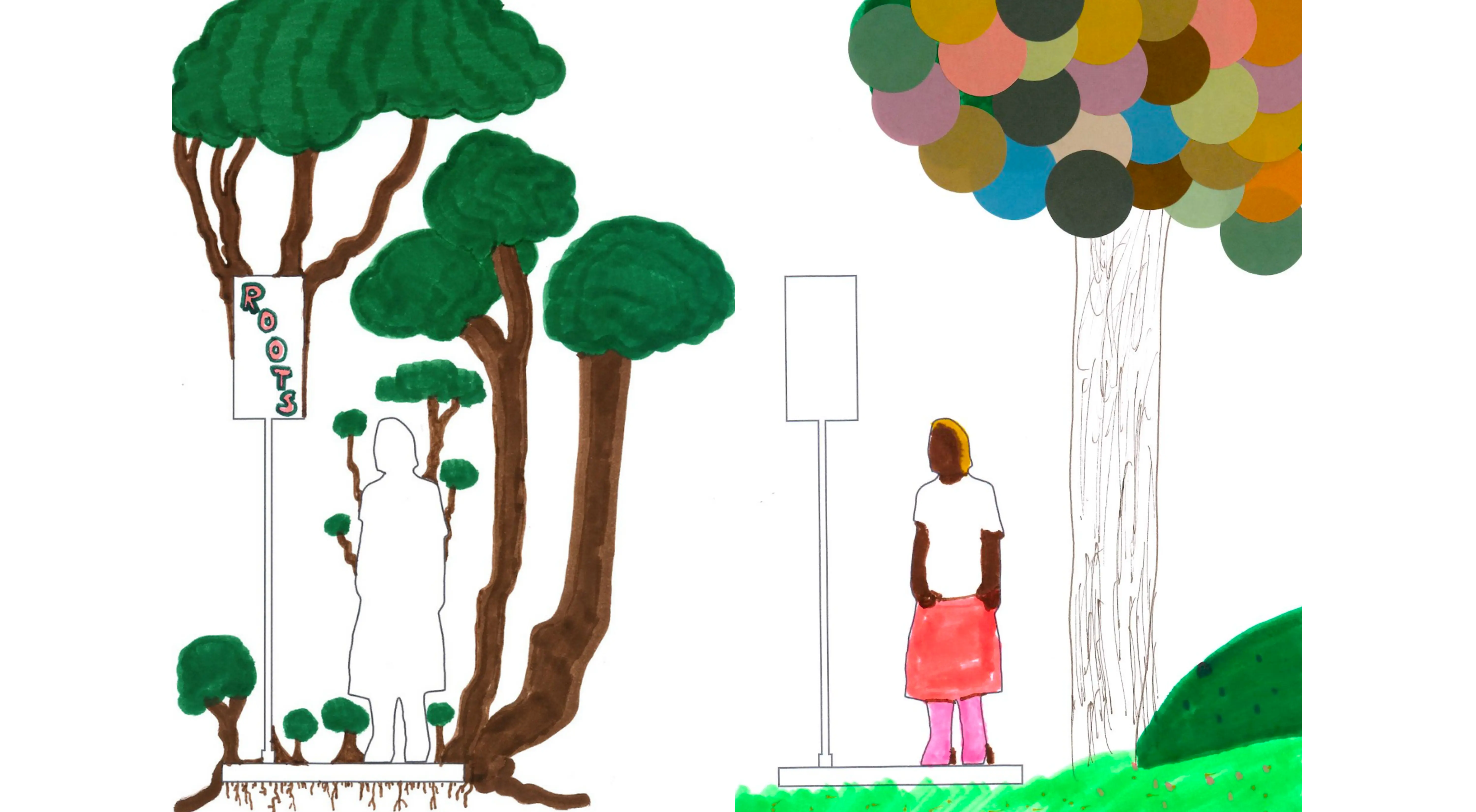 Various drawings of a person standing between a bus stop and a tree