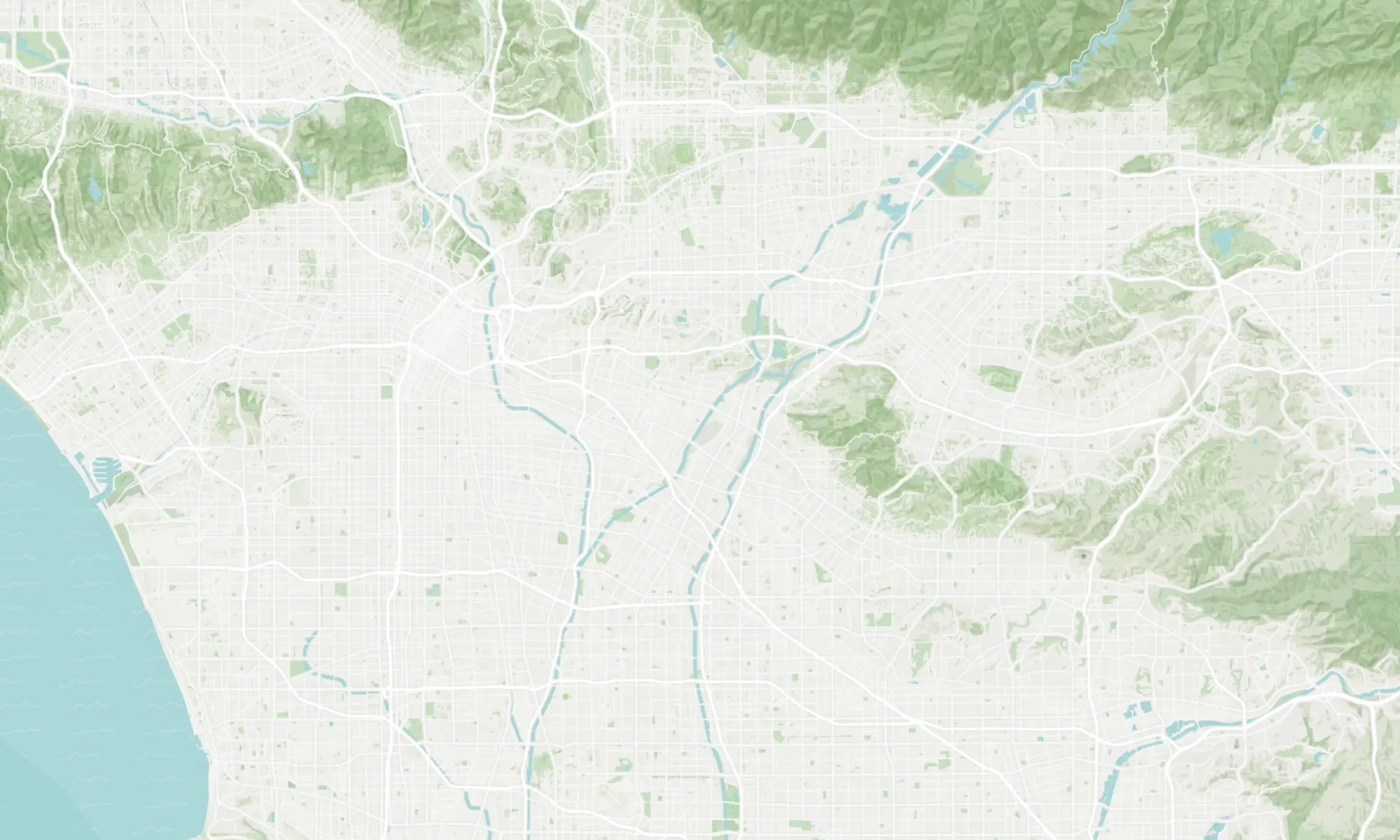 A map of Los Angeles County scattered with illustrations of living infrastructure projects. A colorful, animated flock of birds soars out from behind the search bar.