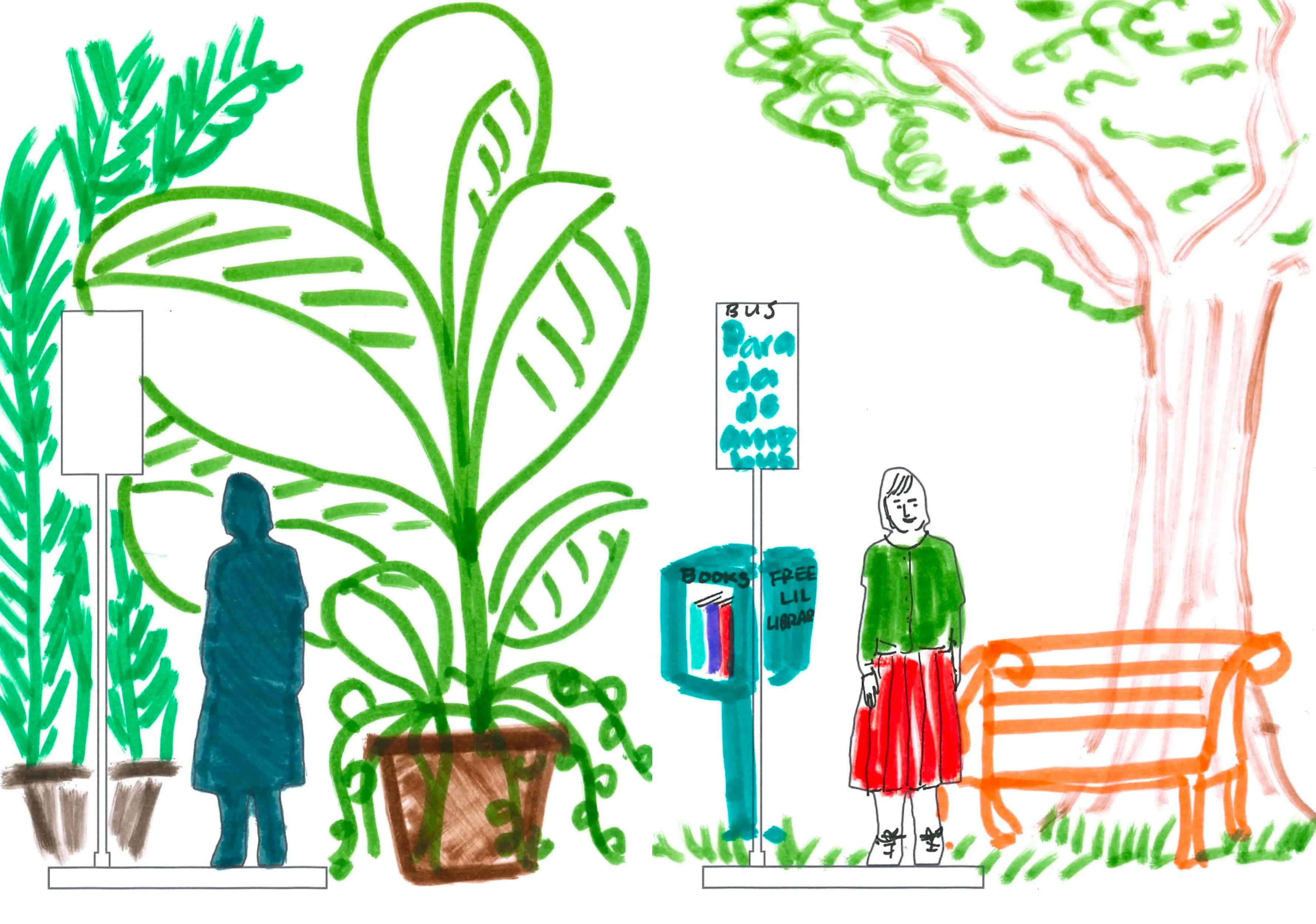 Community illustrations of a person standing between a bus stop and a tree