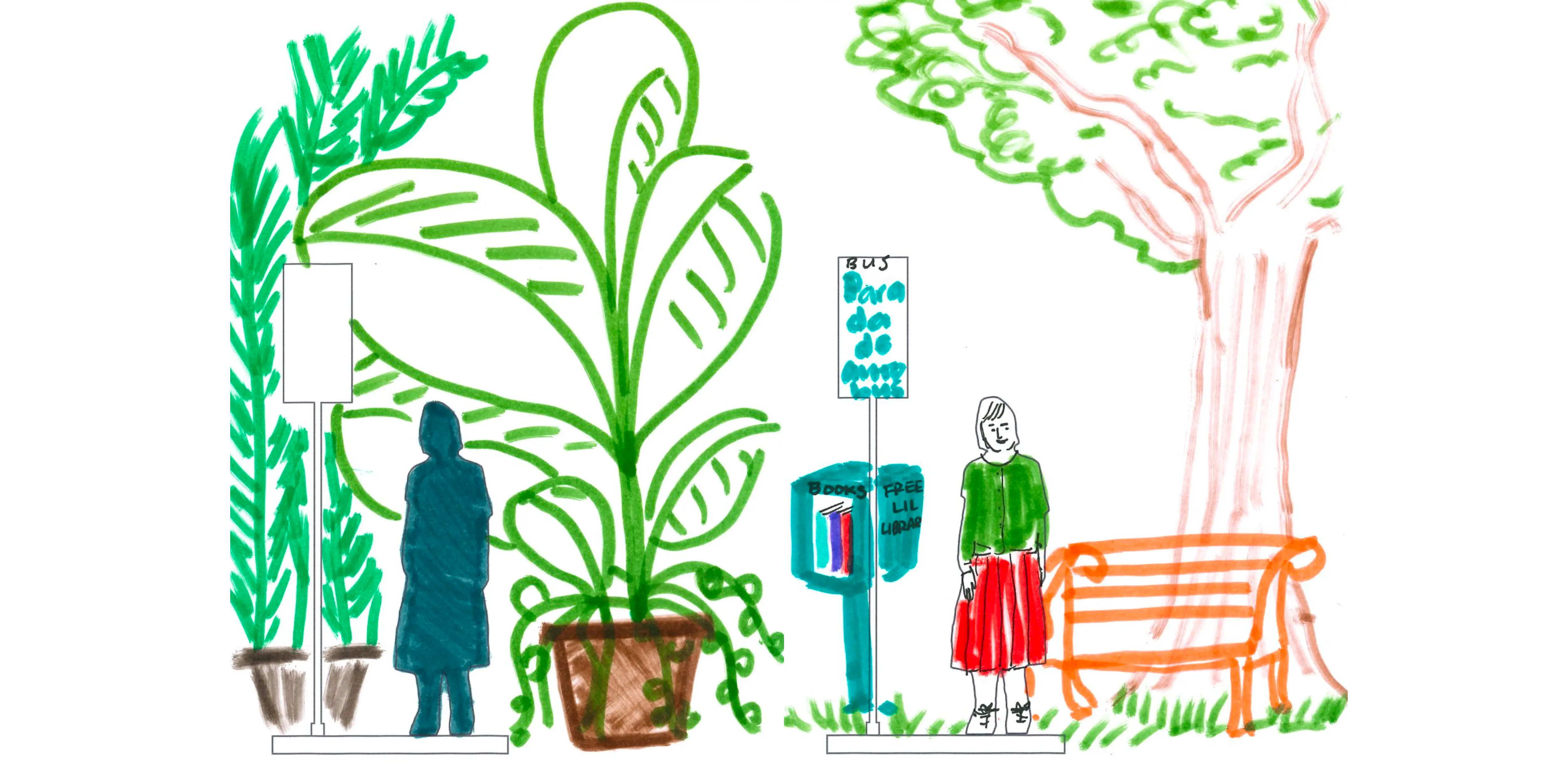 Dos ilustraciones de una persona de pie en una parada de autobús.