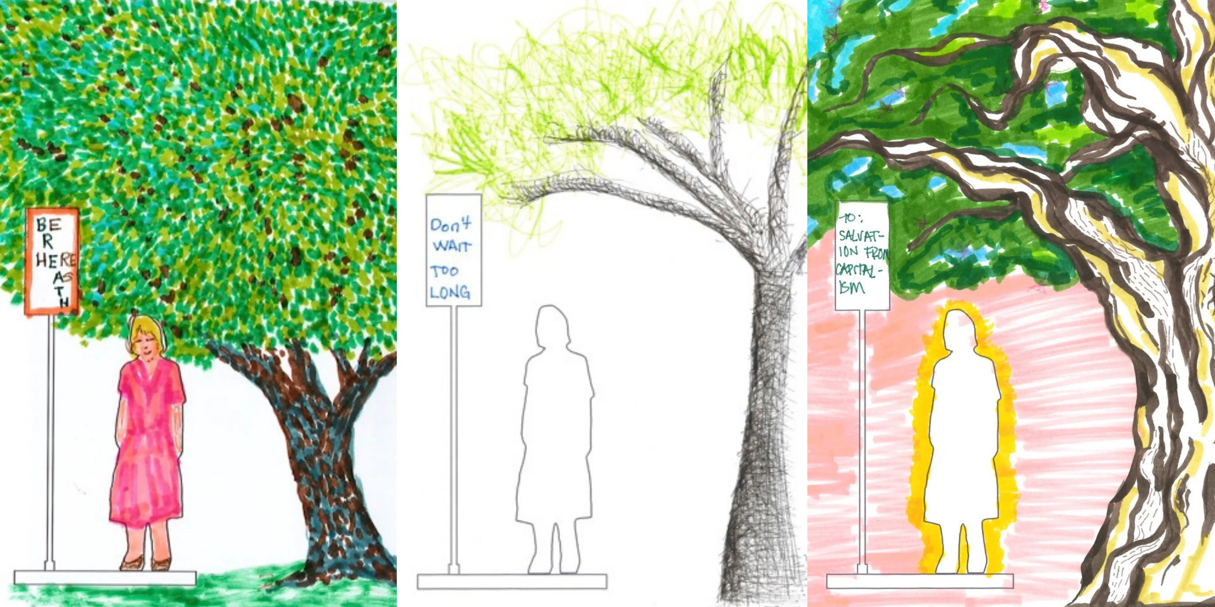 Three hand drawn illustrations of a person standing at a bus stop beneath a tree