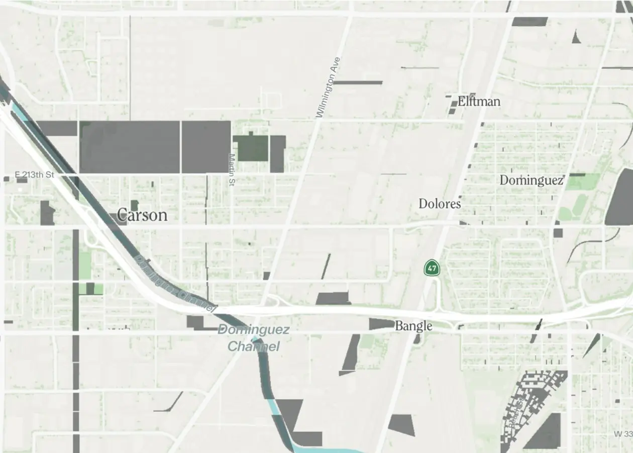 Gray patches show vacant lots scattered across a map of the South Bay region of Los Angeles County.