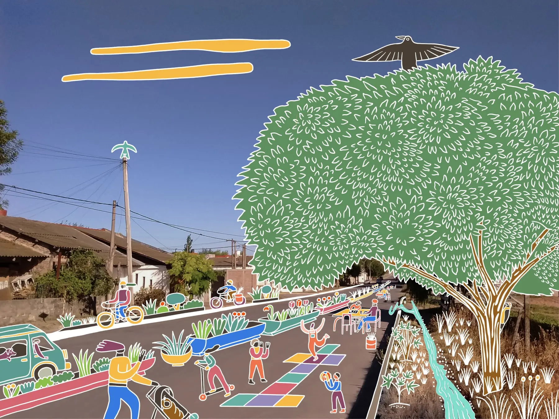 A paved street overlaid with colorful illustrations of bike lanes, shade trees, raised plant beds, and children at play in a community gathering space.