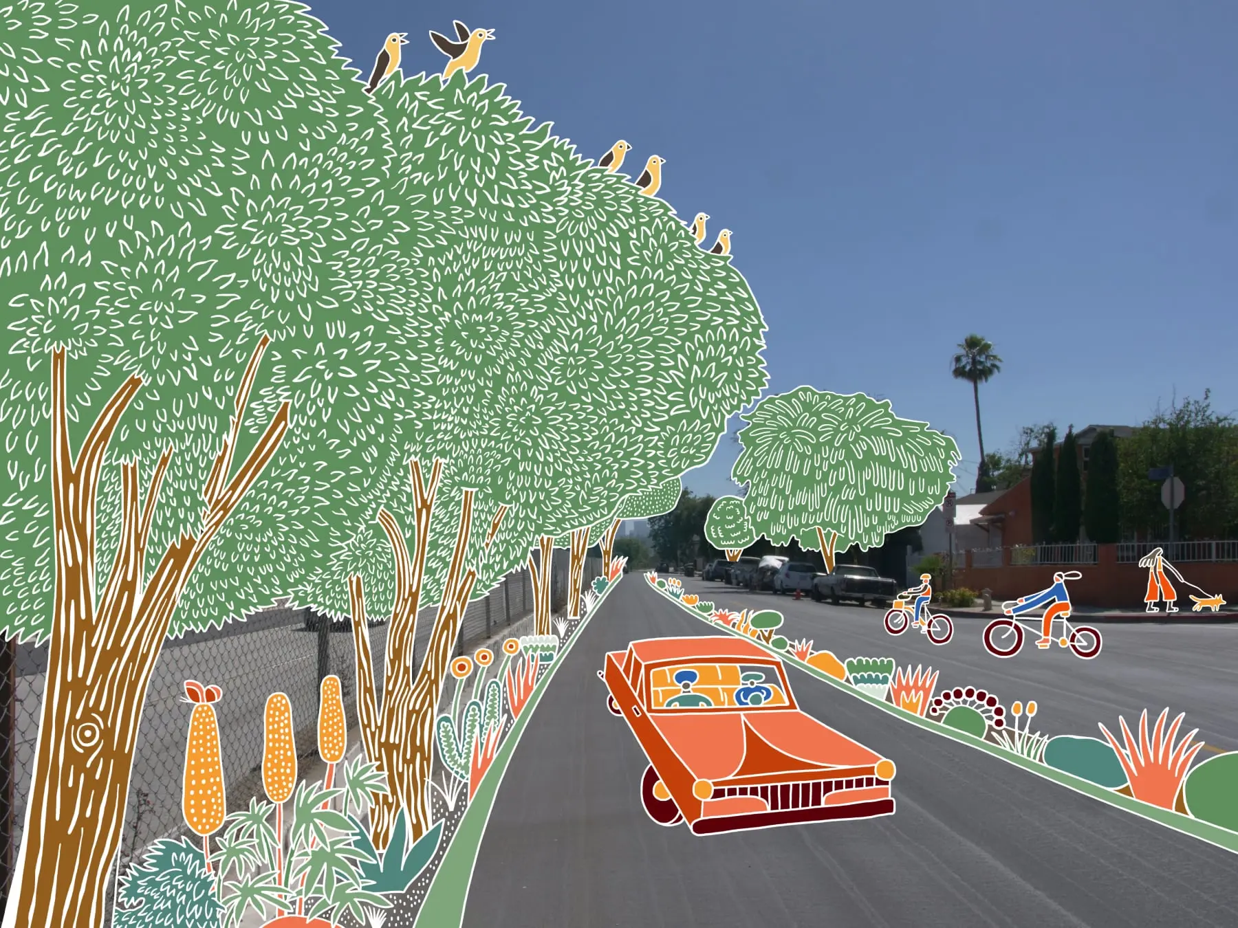 A wide, paved boulevard overlaid with colorful illustrations of shade trees, bioswales, native plants in the median, and pedestrian pathways.