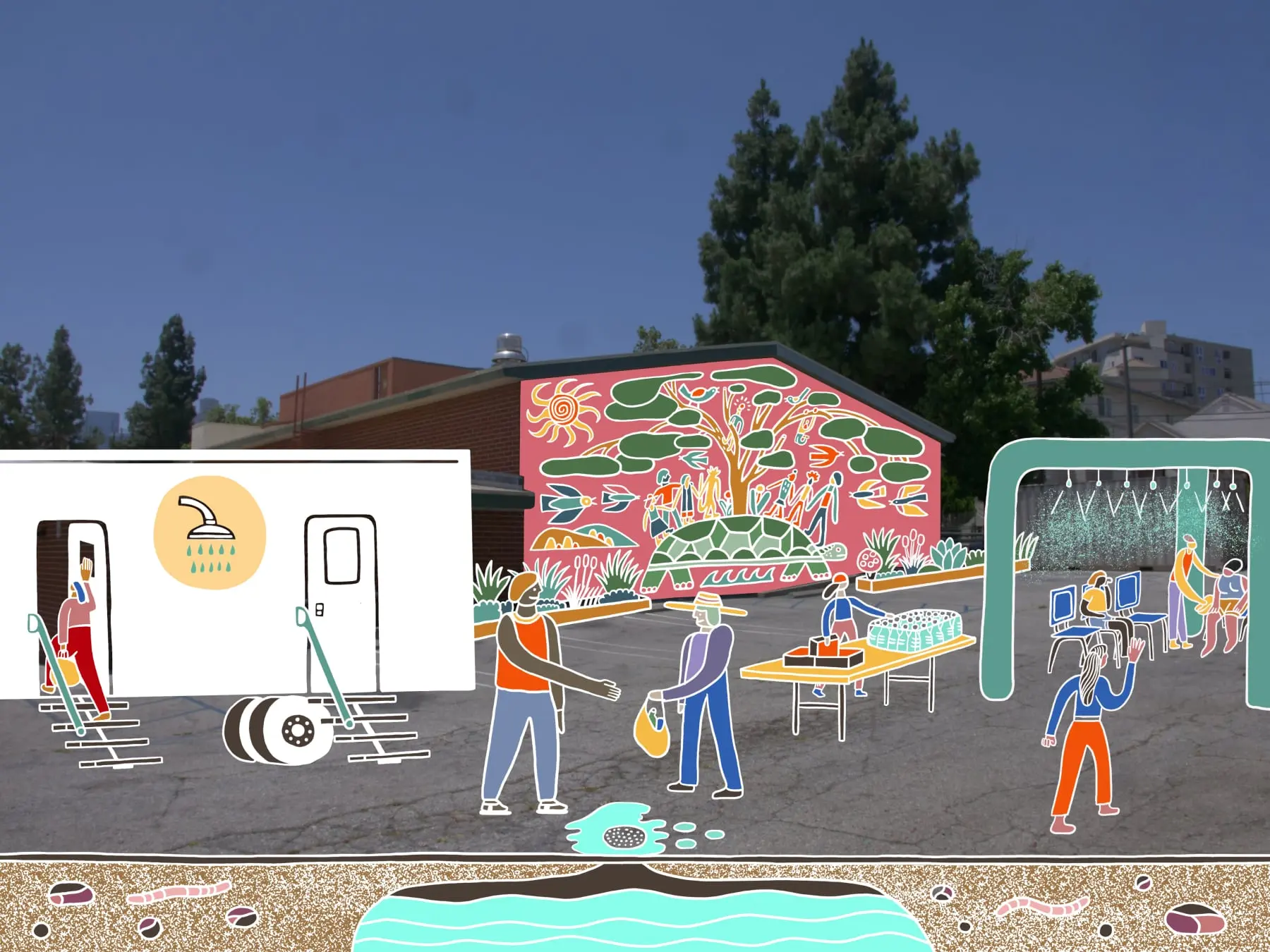 An asphalt parking lot overlaid with colorful illustrations of raised plant beds, a public hygiene truck, mutual aid workers, and a cooling station.