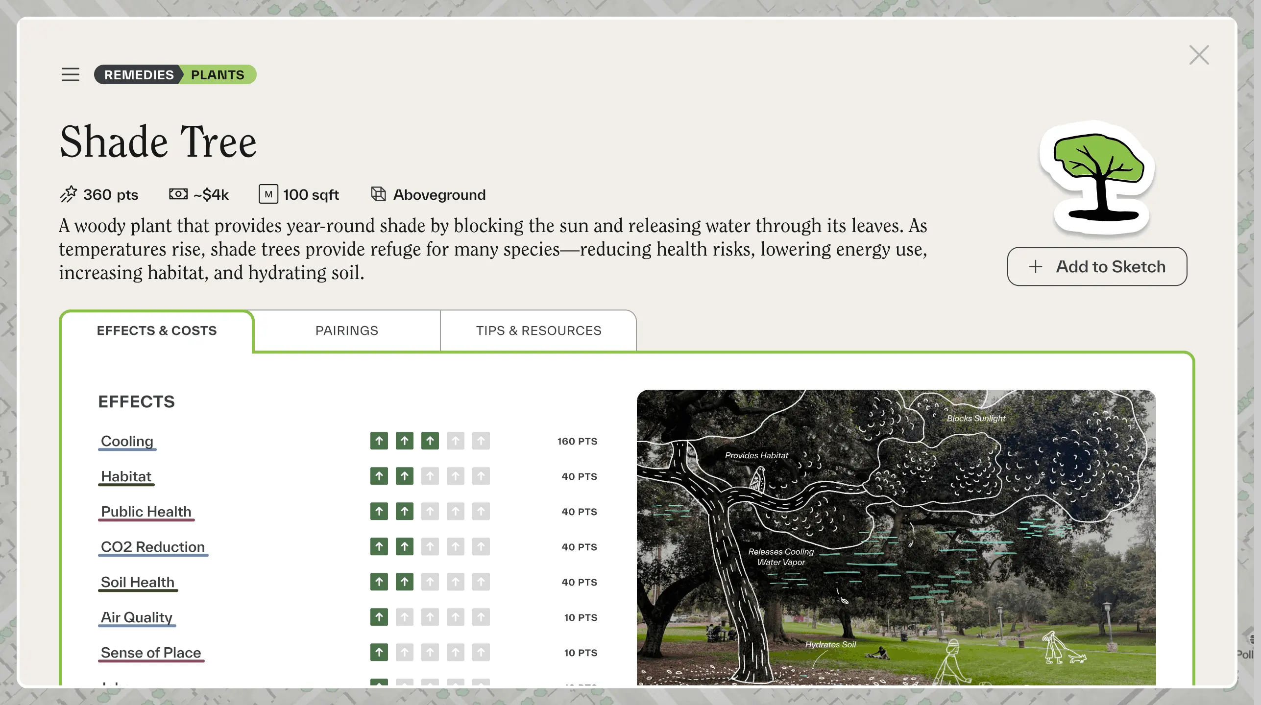 A Field Kit learning resource highlights the multi-benefits — including cooling, public and soil health, CO2 reduction — and estimated costs of incorporating a shade tree into a living infrastructure project.