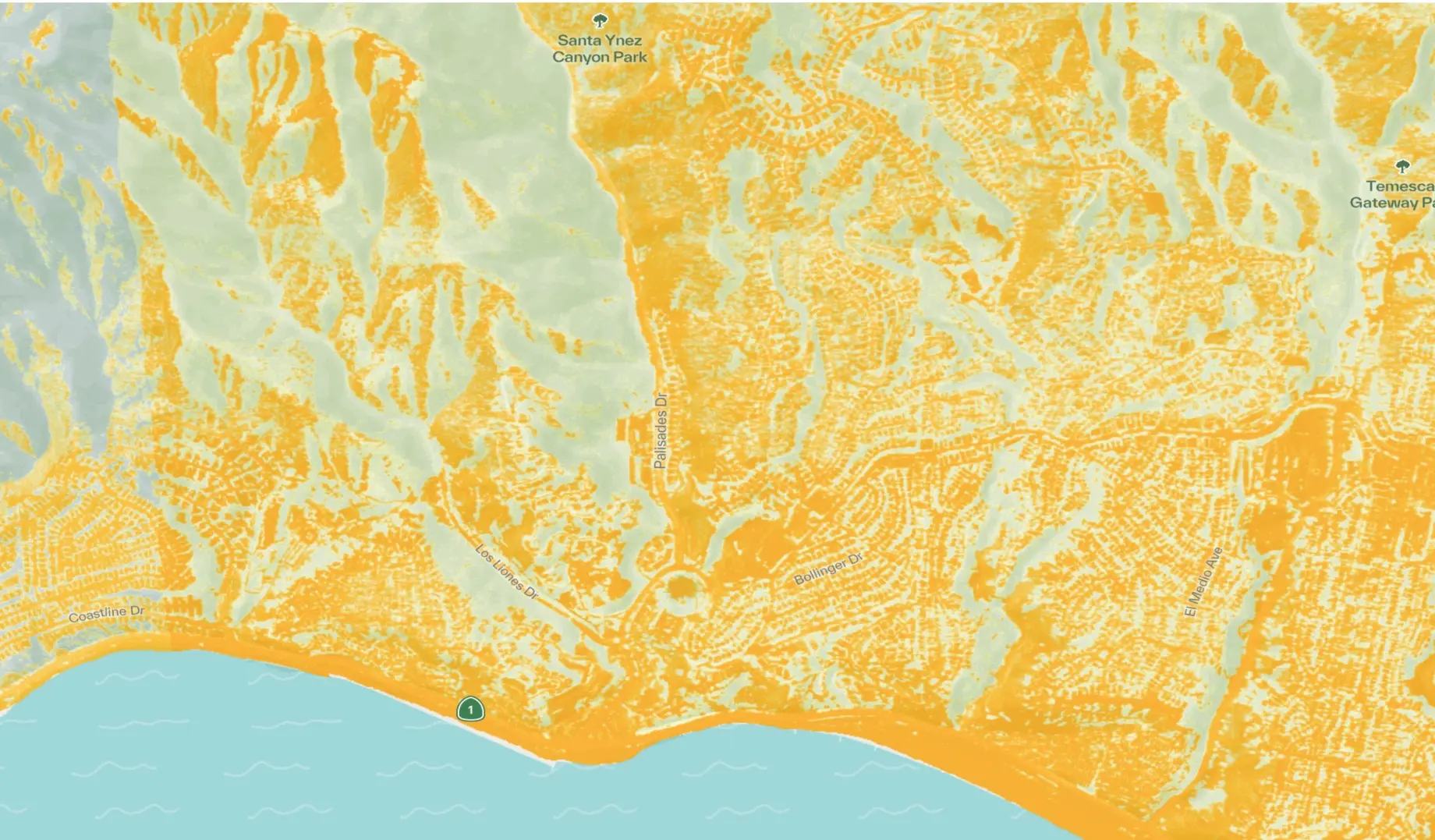 Yellow patches depict localized heatwave data on a coastal map of Los Angeles County.