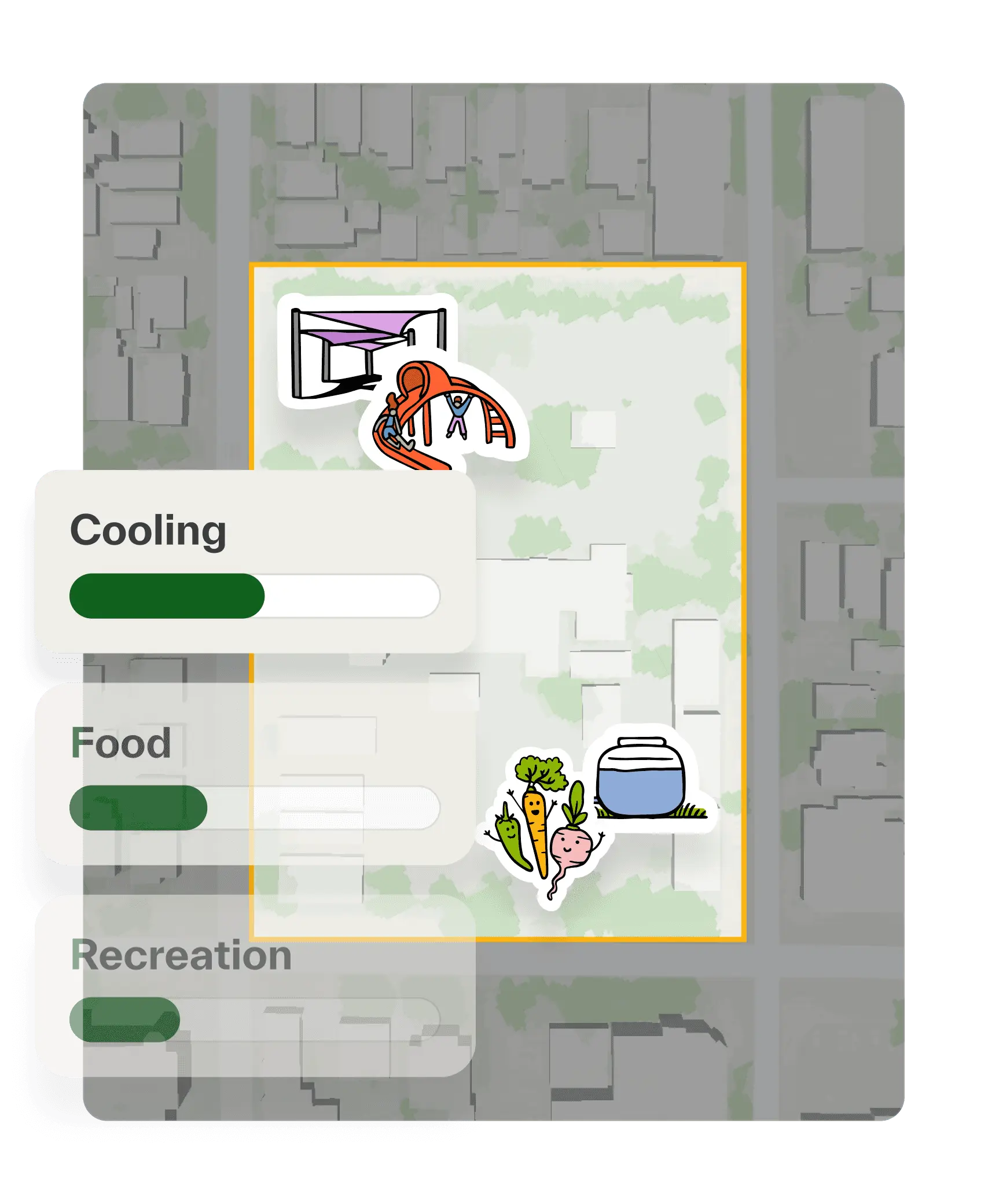 Remedies for cooling, food, and recreation are sketched onto a selected project site within the Field Kit.