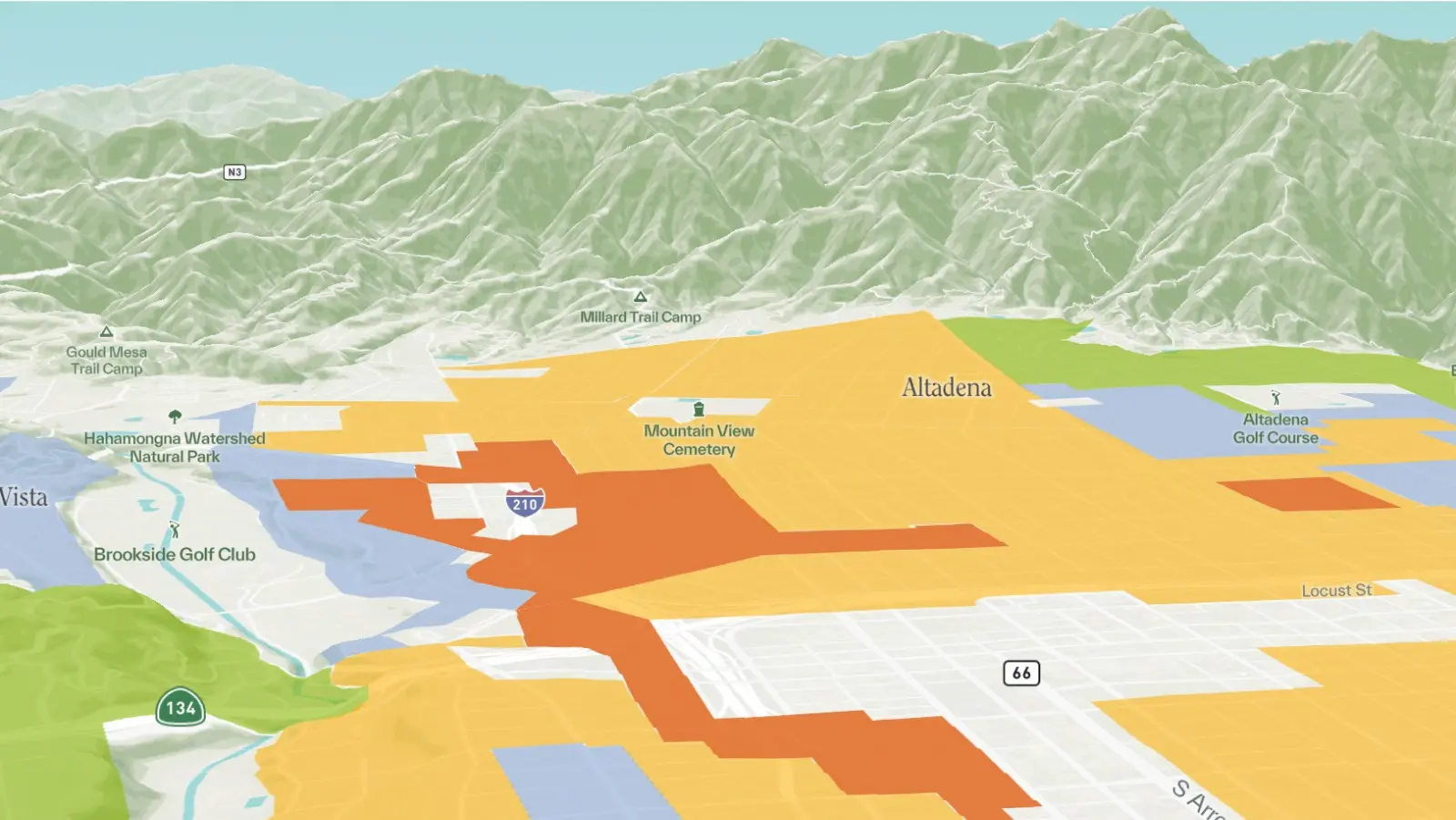 Historically redlined communities are outlined on a 3D rendering of Altadena below the San Gabriel mountains.