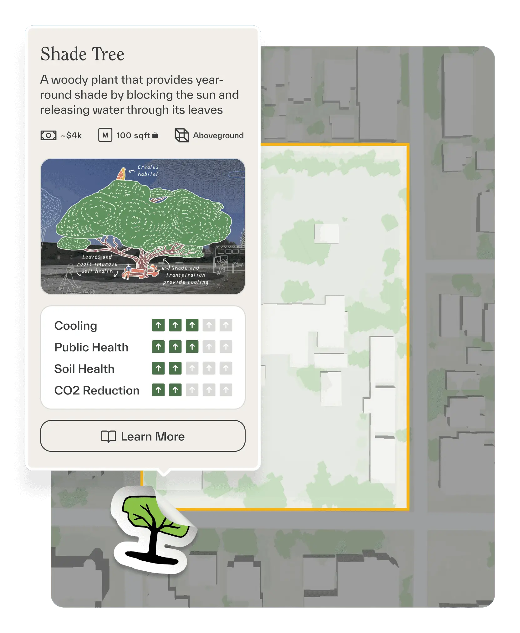 A Field Kit learning resource highlights the multi-benefits — cooling, public and soil health, CO2 reduction — of incorporating a shade tree into a living infrastructure project.