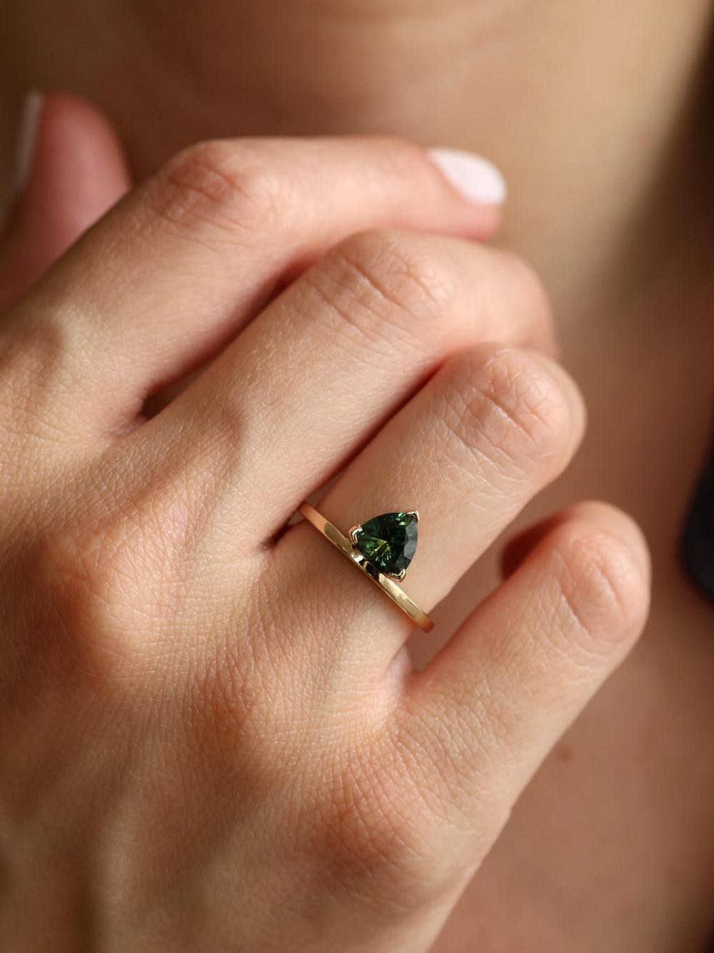 Evergreen Peacock Trillion Sapphire Ring