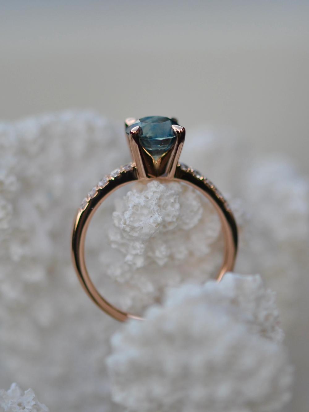 Teal Sapphire, Diamonds & Rose Gold