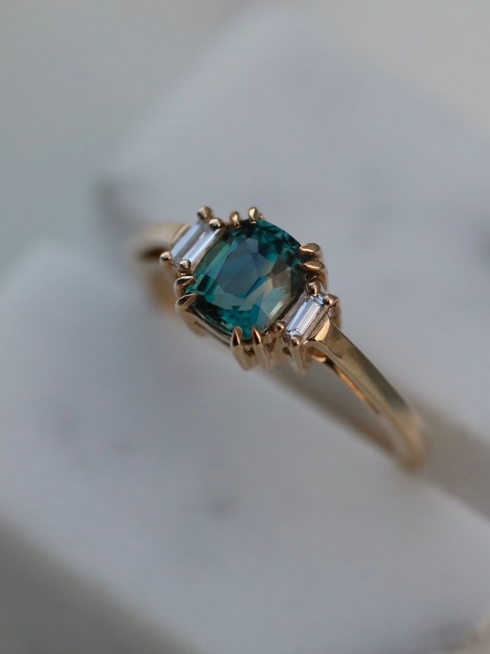 Greenish Teal Sapphire & Baguette Diamonds