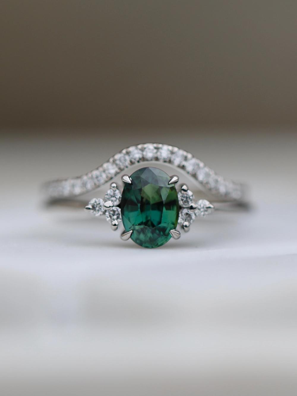 Green Sapphire & Sprinkled Diamonds in White Gold