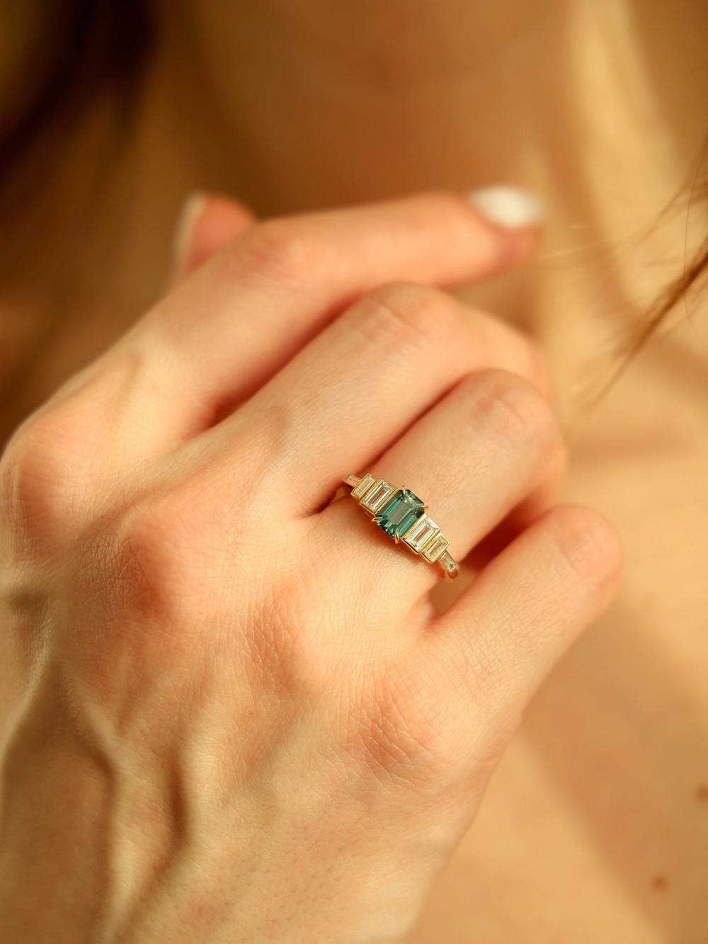 Art Deco Teal Sapphire Ring