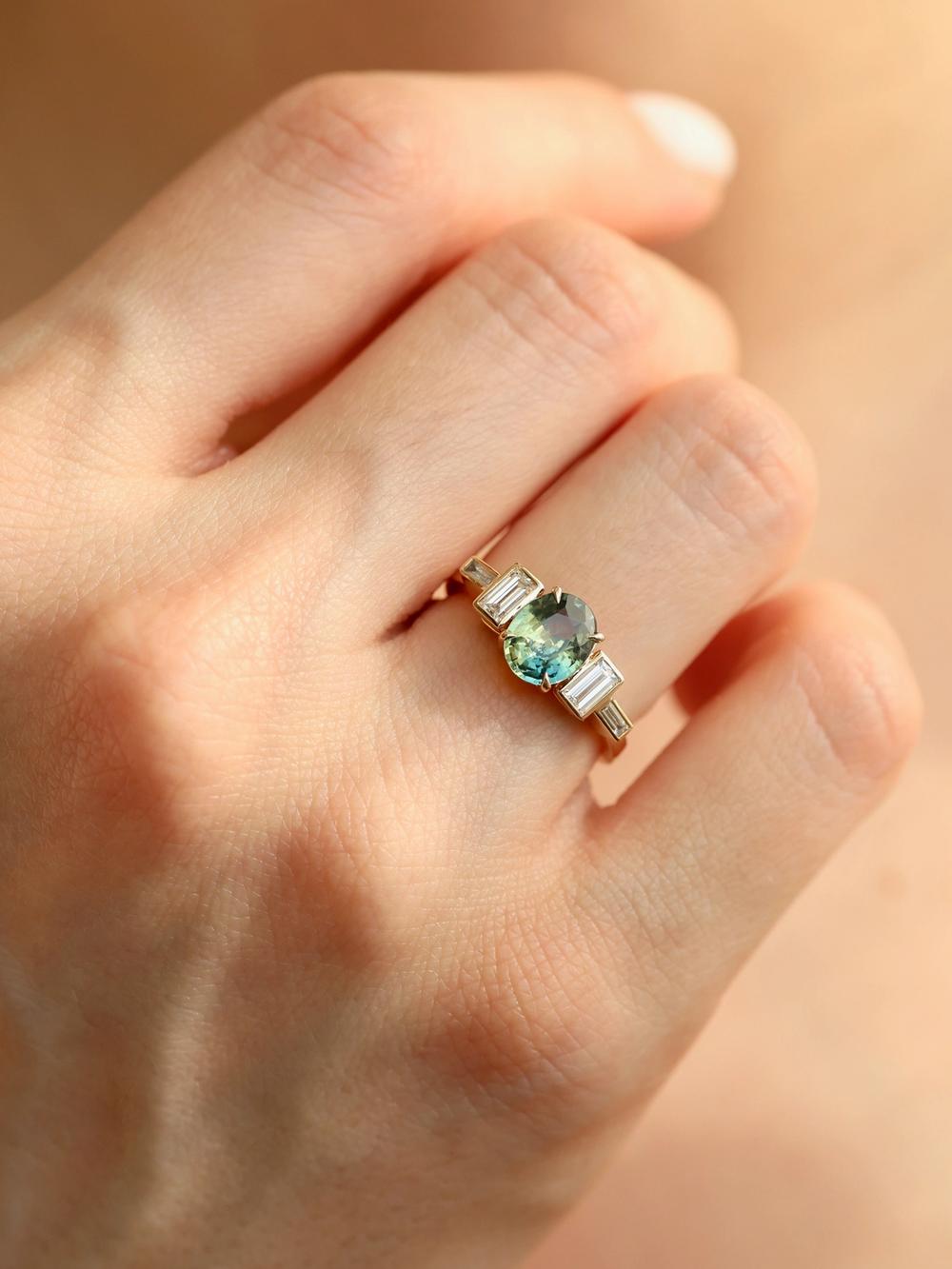 Verdant Peacock Oval Sapphire Ring – Art Deco