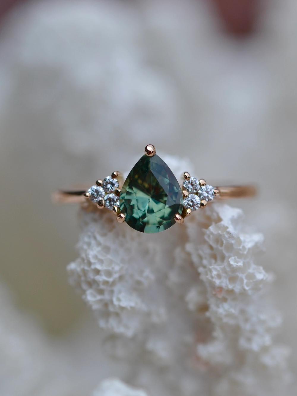 Green Pear Sapphire, Diamonds & Rose Gold