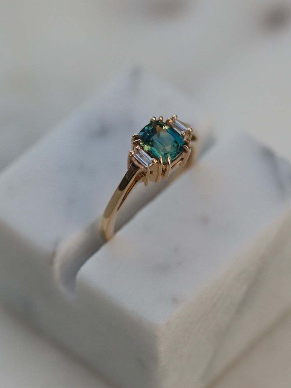 Greenish Teal Sapphire & Baguette Diamonds