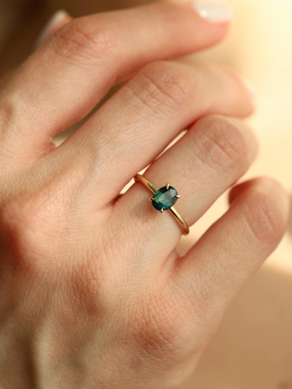 Teal Peacock Oval Sapphire Ring