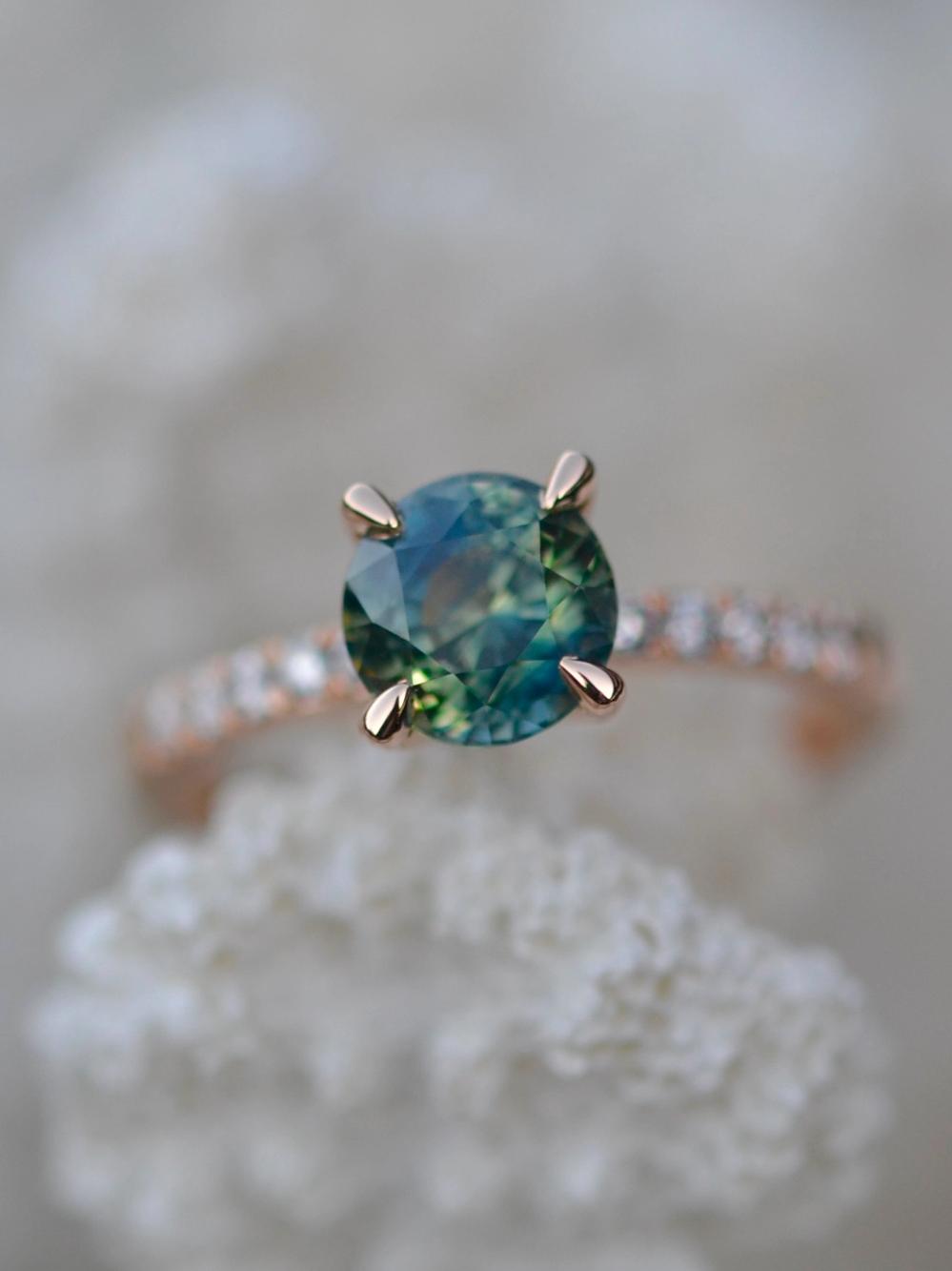 Teal Sapphire, Diamonds & Rose Gold