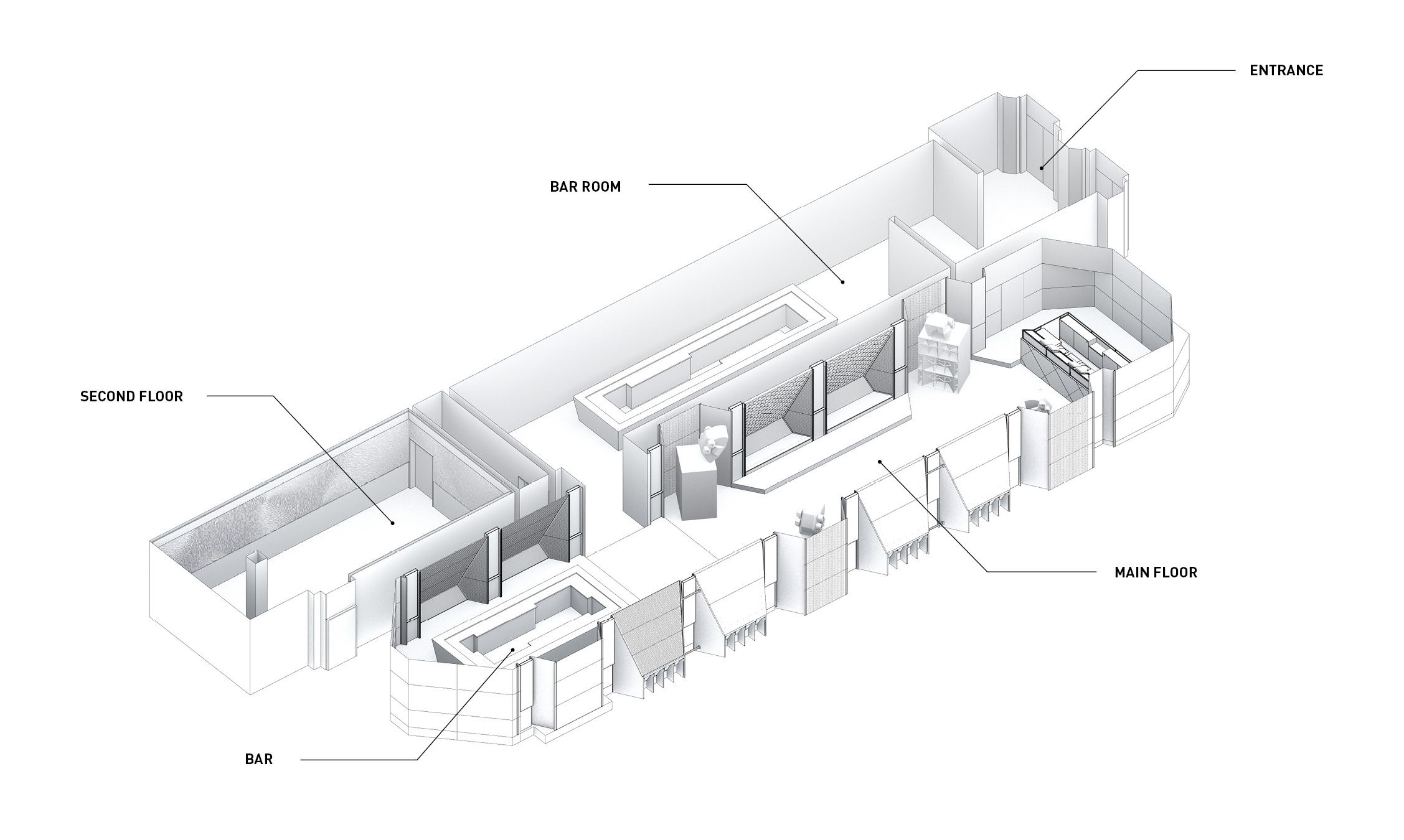   Axonometrischer Blick des Blitz Club Interiors (Formfeld 1 / Formfeld 2 Paneele)