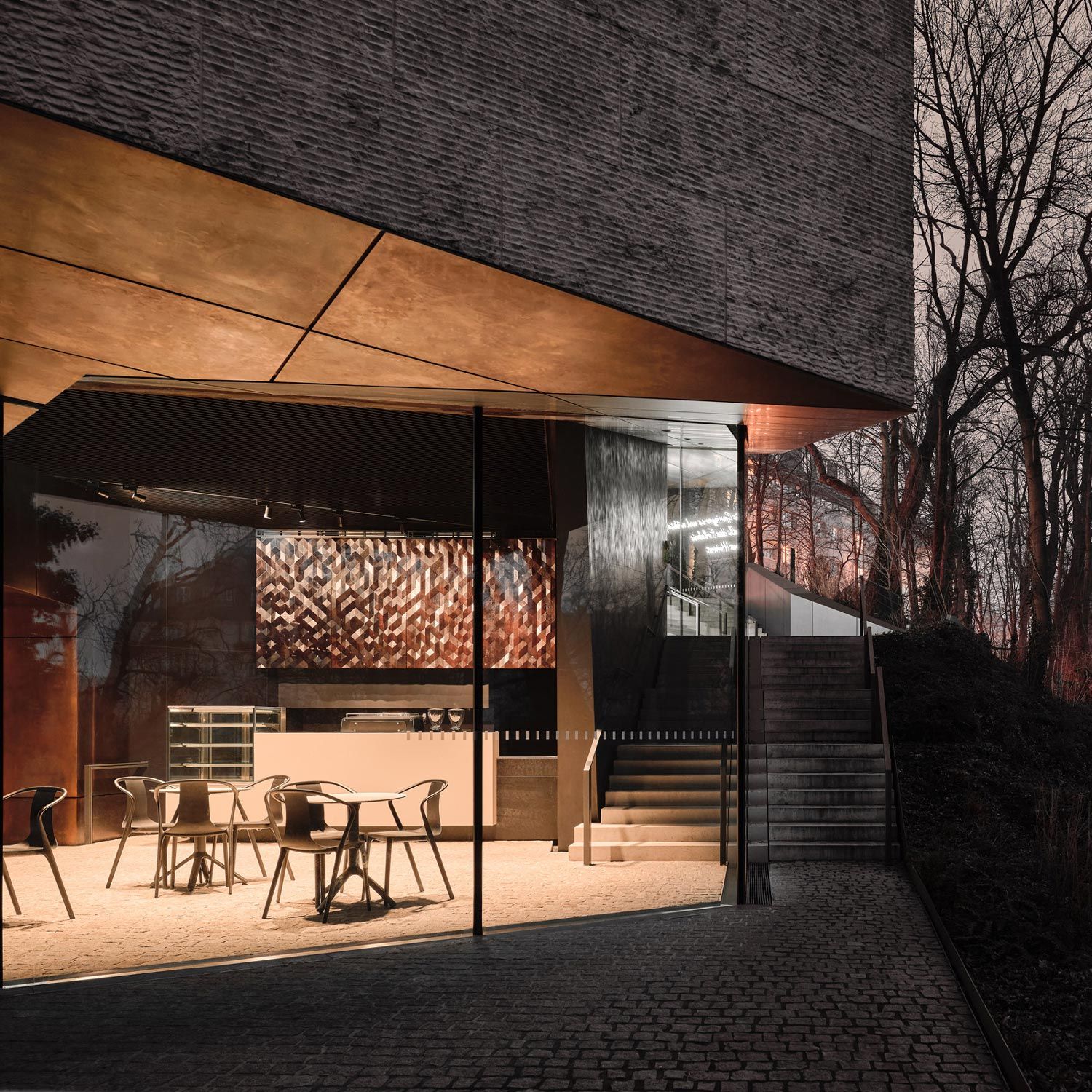 Café of the Sudeten German Museum with custom CNC-milled Formfeld wall relief