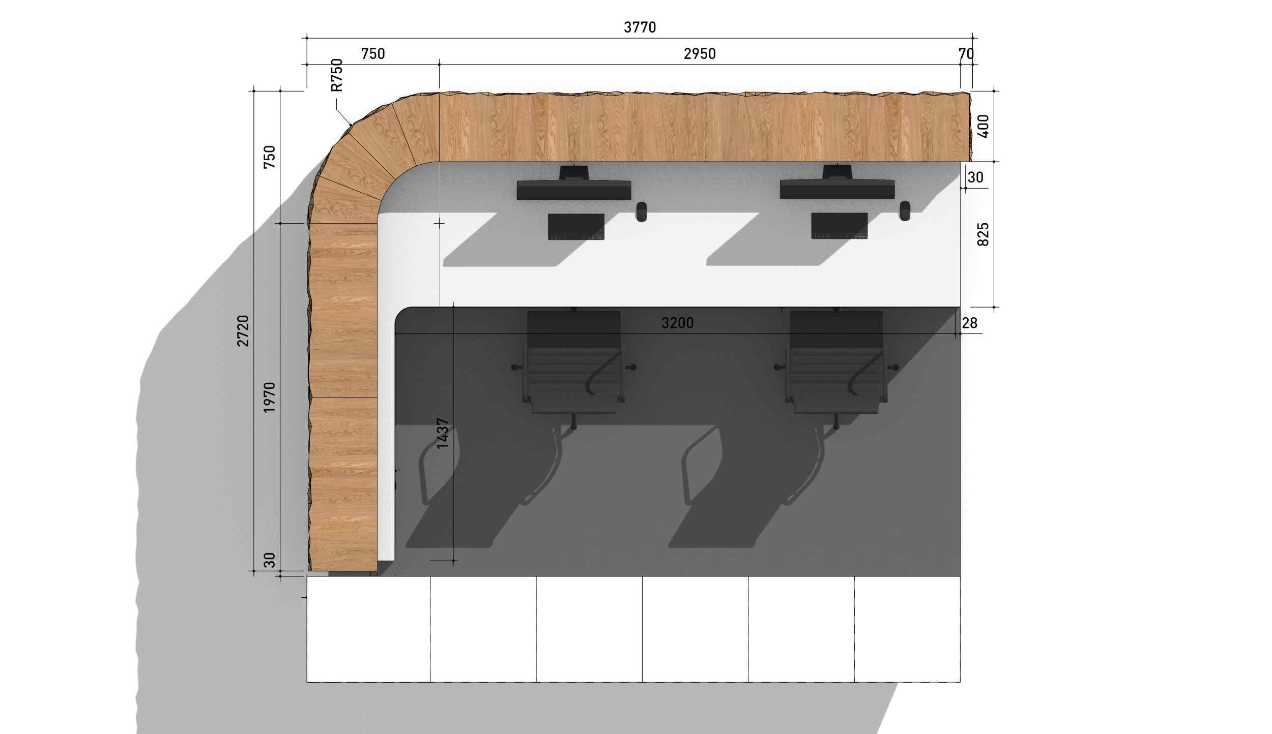 Plan view of reception counter layout with Formfeld 2 Structure