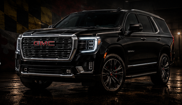 Black GMC Yukon detailed by Apex Auto Detailers against a Maryland flag backdrop