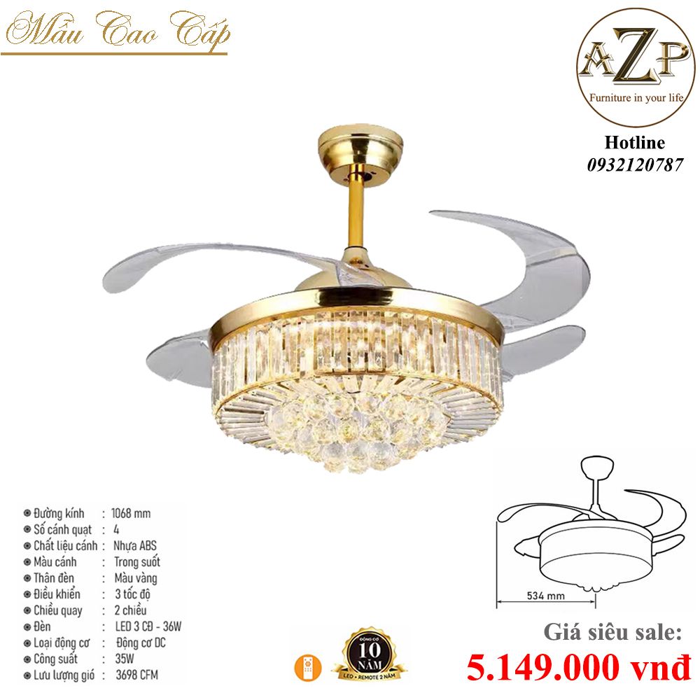 Quạt Nhóm Trung Lưu 4 Cánh Nhựa ABS - Có Đèn Phale/ Bảo Hành 10 năm AZP-QTL76