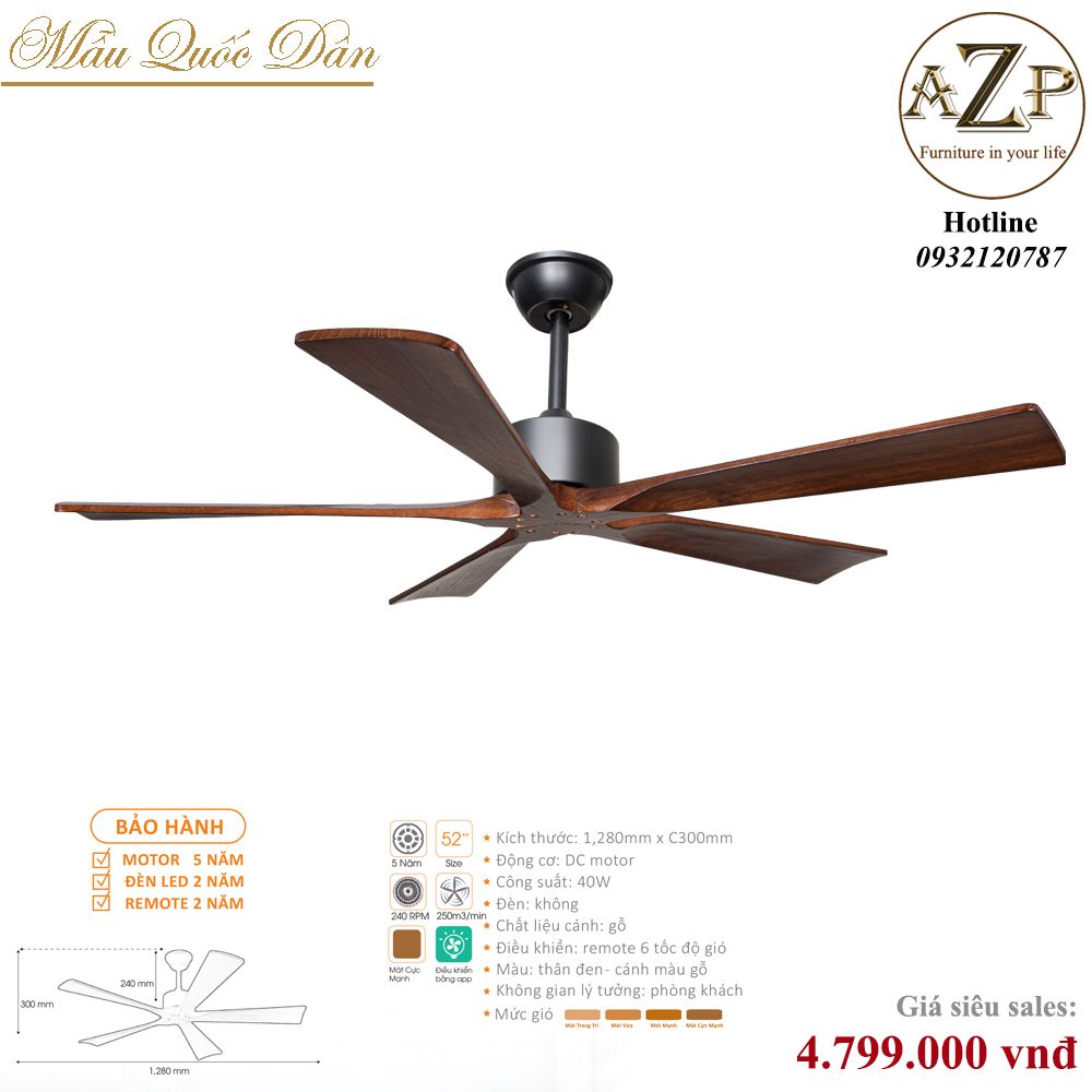 Quạt Nhóm Quốc Dân 5 Cánh Gỗ - Không Đèn/ Bảo Hành 5 năm AZP-QQD16