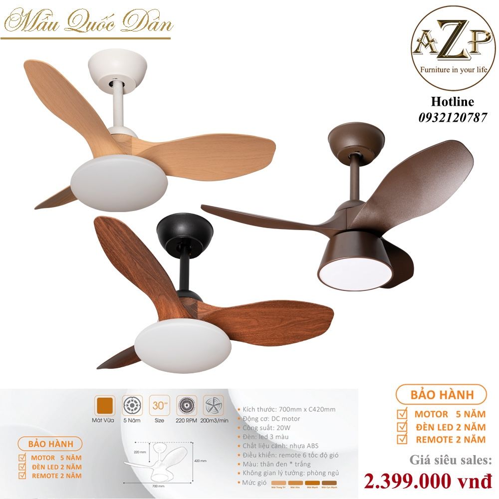 Quạt Nhóm Quốc Dân 3 Cánh Nhựa ABS- Có Đèn/ Bảo Hành 5 năm AZP-QQD51