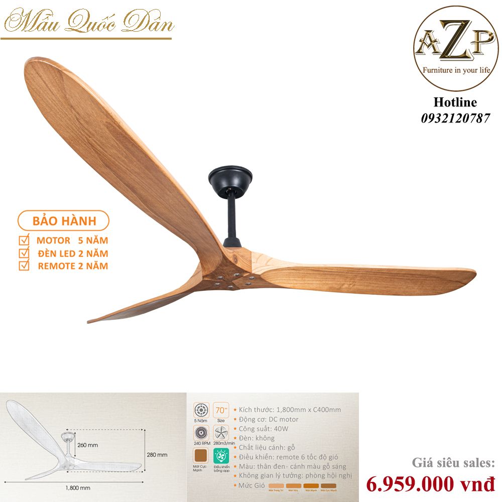 Quạt Nhóm Quốc Dân 5 Cánh Gỗ - Không Đèn/ Bảo Hành 5 năm AZP-QQD39