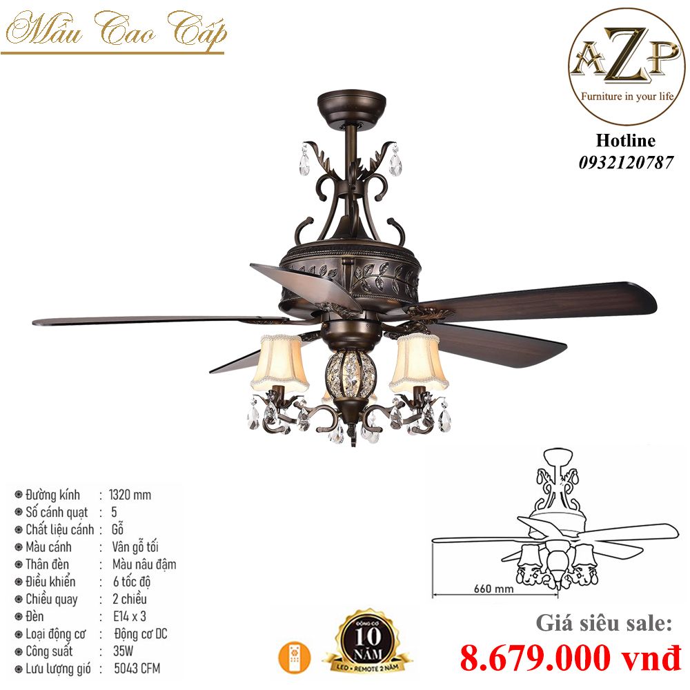 Quạt Nhóm Trung Lưu 5 Cánh Gỗ - Có Đèn/ Bảo Hành 10 năm AZP-QTL49