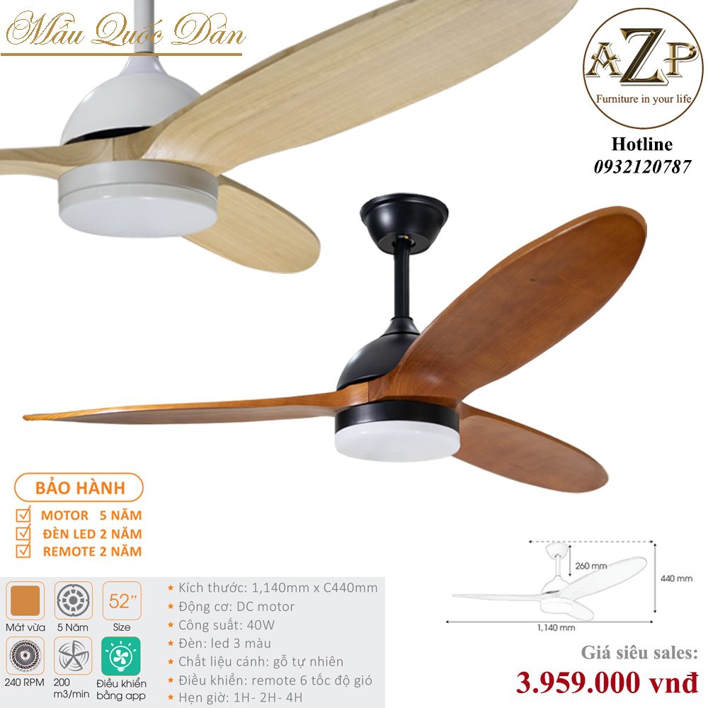Quạt Nhóm Quốc Dân 3 Cánh Gỗ - Có Đèn/ Bảo Hành 5 năm AZP-QQD1