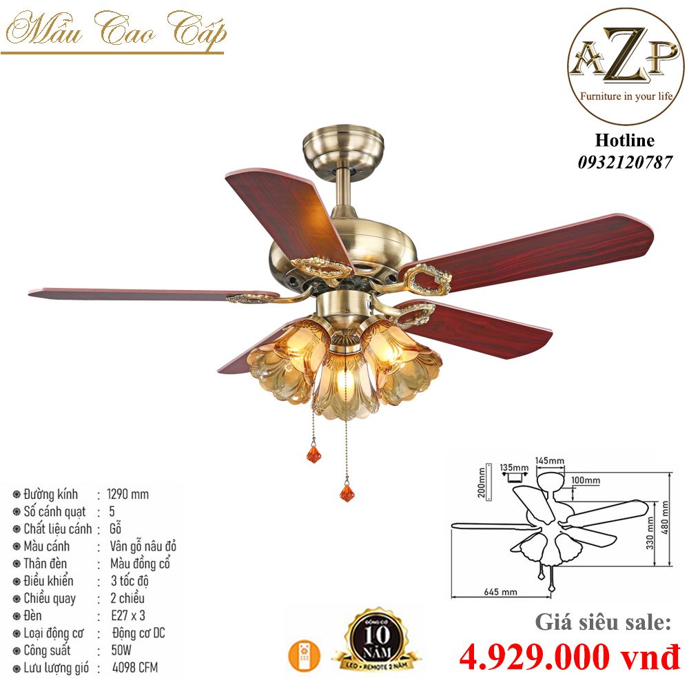 Quạt Nhóm Trung Lưu 5 Cánh Gỗ -  Có Đèn/ Bảo Hành 10 năm AZP-QTL54
