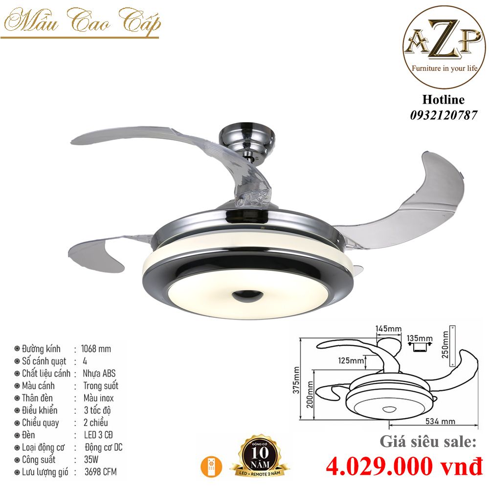 Quạt Nhóm Trung Lưu 4 Cánh Nhựa ABS - Có Đèn/ Bảo Hành 10 năm AZP-QTL73