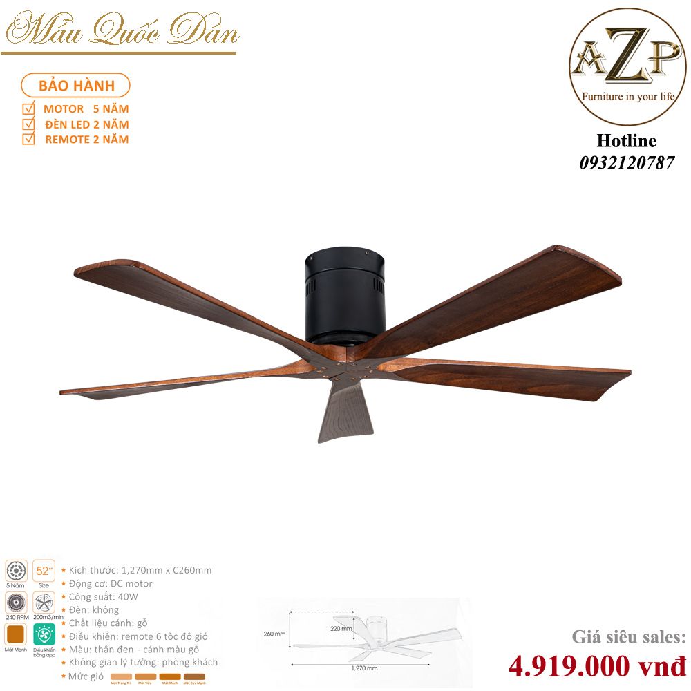 Quạt Nhóm Quốc Dân 5 Cánh Gỗ - Không Đèn/ Bảo Hành 5 năm AZP-QQD100 68