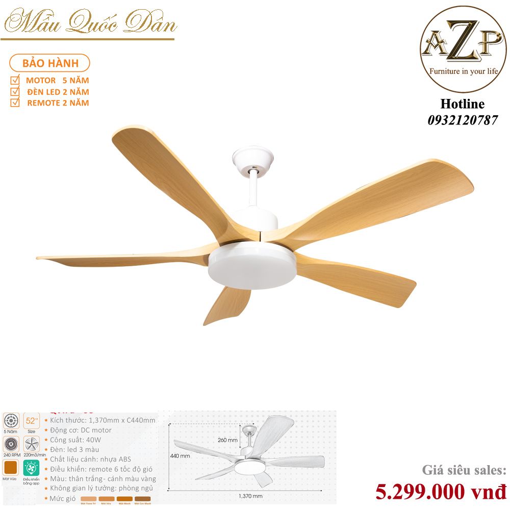Quạt Nhóm Quốc Dân 5 Cánh Nhựa ABS - Có Đèn/ Bảo Hành 5 năm AZP-QQD100 20