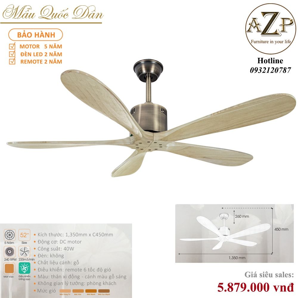 Quạt Nhóm Quốc Dân 5 Cánh Gỗ - Không Đèn/ Bảo Hành 5 năm AZP-QQD38