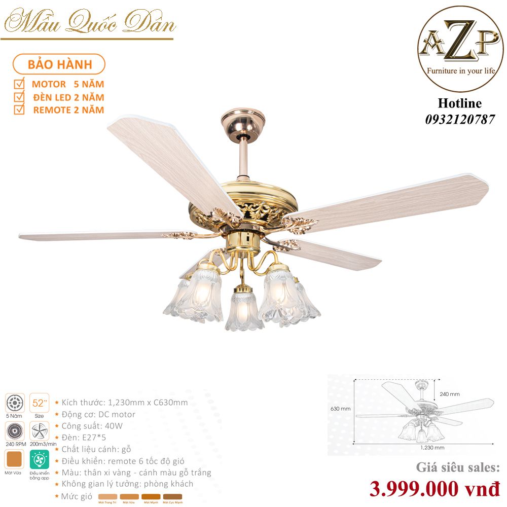 Quạt Nhóm Quốc Dân 5 Cánh Gỗ - Có Đèn/ Bảo Hành 5 năm AZP-QQD30
