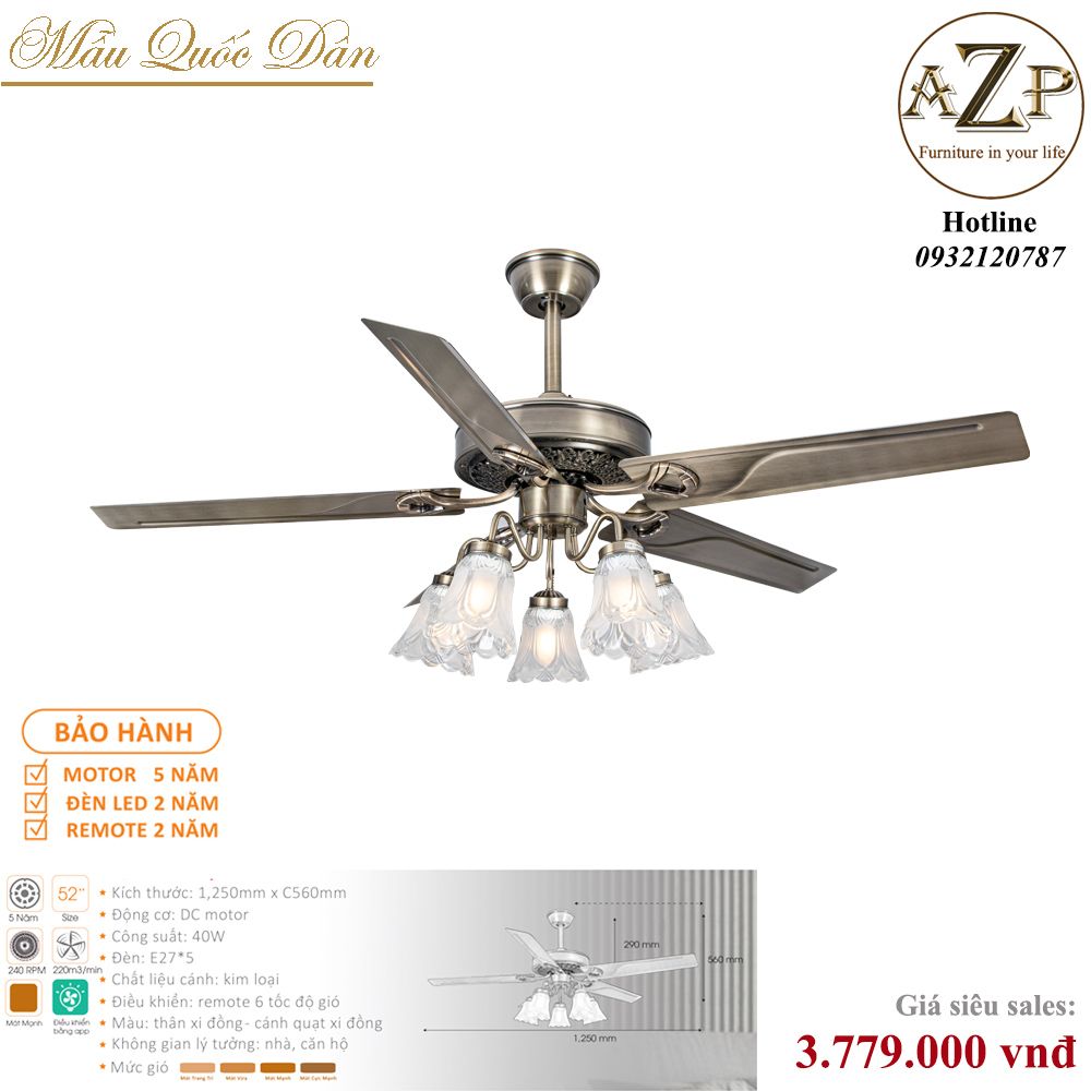 Quạt Nhóm Quốc Dân 5 Cánh Thép - Có Đèn/ Bảo Hành 5 năm AZP-QQD45