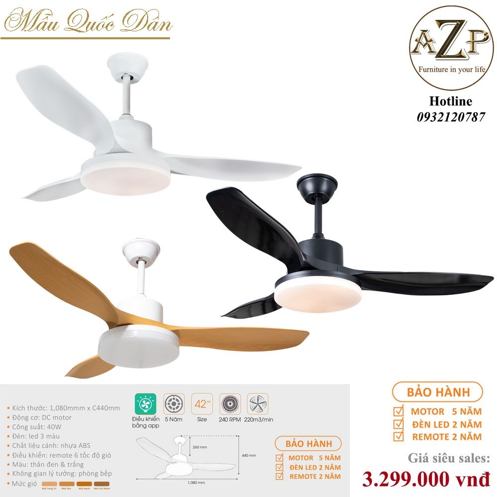Quạt Nhóm Quốc Dân 3 Cánh Nhựa ABS - Có Đèn/ Bảo Hành 5 năm AZP-QQD62