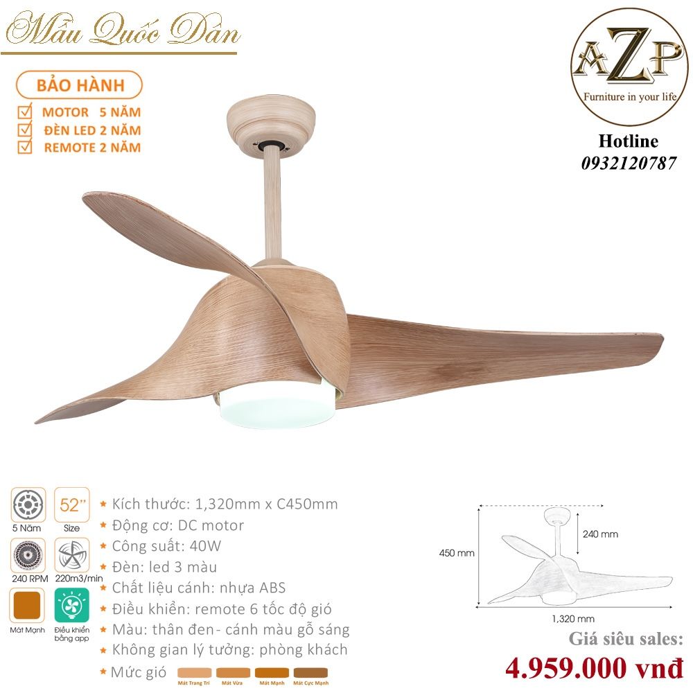 Quạt Nhóm Quốc Dân 3 Cánh Gỗ - Có Đèn/ Bảo Hành 5 năm AZP-QQD56