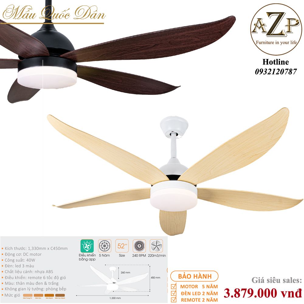 Quạt Nhóm Quốc Dân 5 Cánh Nhựa ABS - Có Đèn/ Bảo Hành 5 năm AZP-QQD100 11