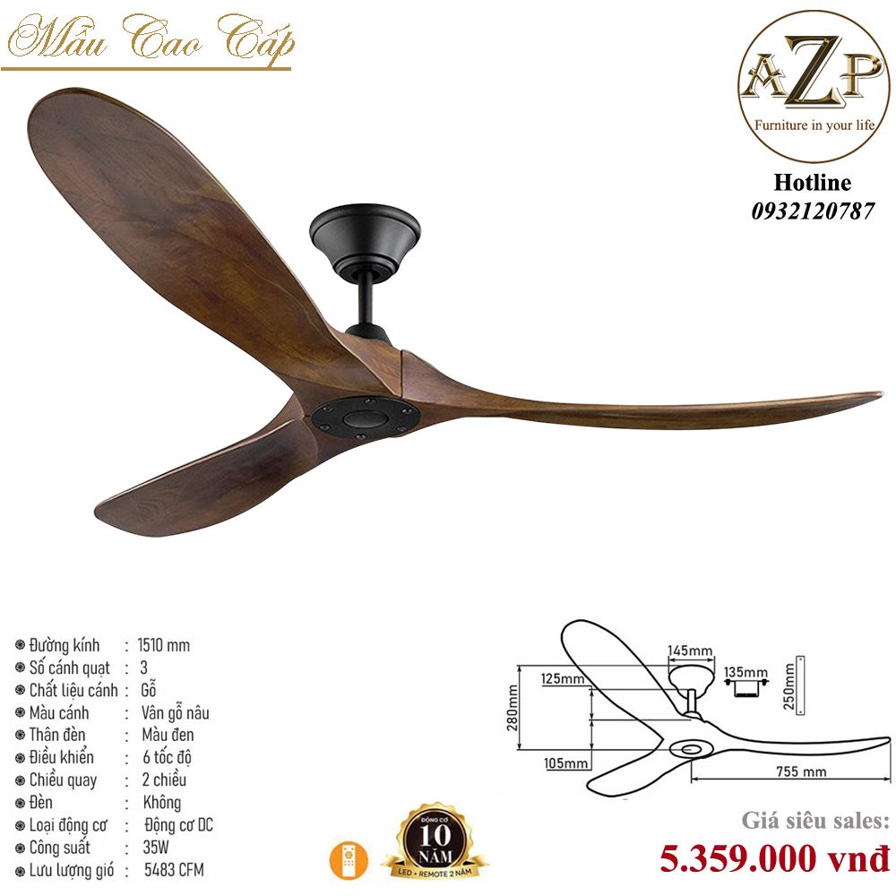 Quạt Nhóm Trung Lưu 3 cánh Gỗ - Không Đèn/ Bảo Hành 10 năm AZP-QTL11