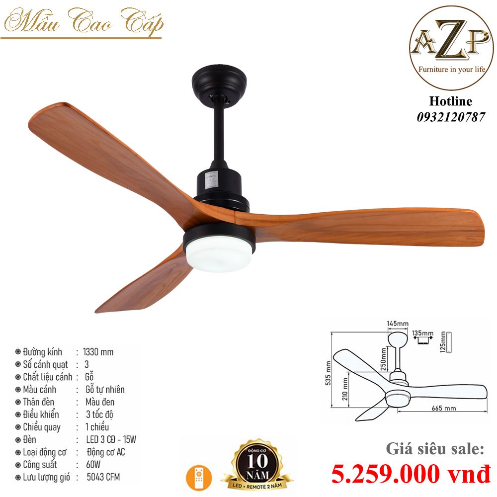 Quạt Nhóm Trung Lưu 3 Cánh Gỗ  - Có Đèn/ Bảo Hành 10 năm AZP-QTL22