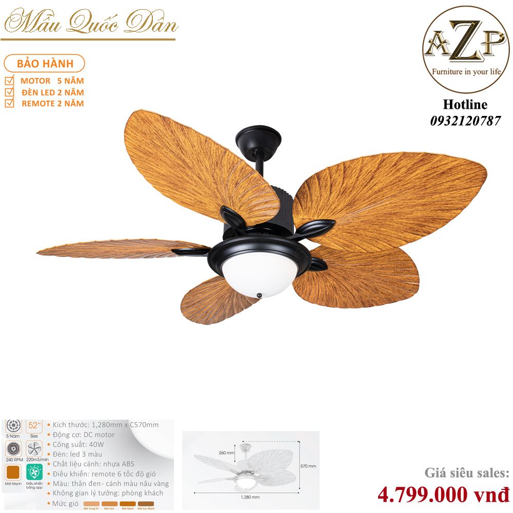 Quạt Nhóm Quốc Dân 5 Cánh Nhựa ABS - Có Đèn/ Bảo Hành 5 năm AZP-QQD100 3