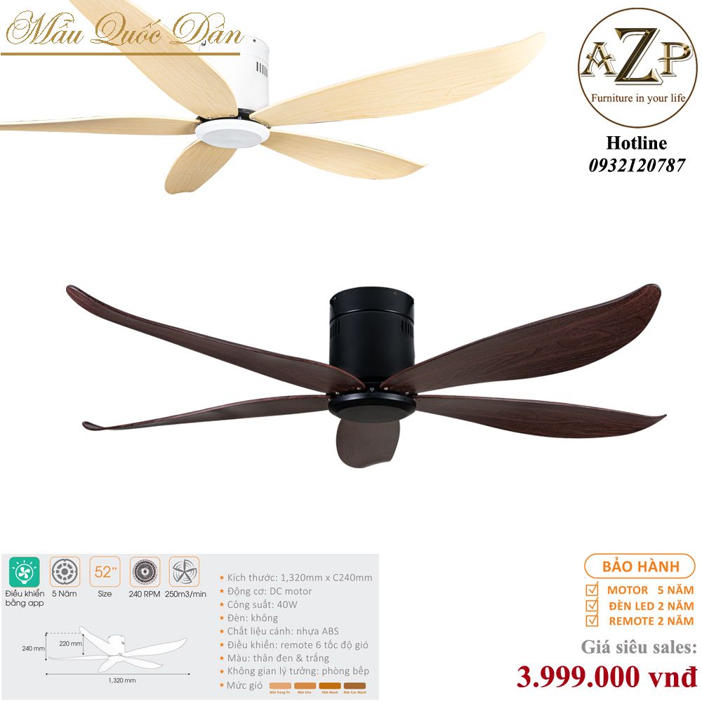 Quạt Nhóm Quốc Dân 5 Cánh Nhựa - Không Đèn/ Bảo Hành 5 năm AZP-QQD100 66